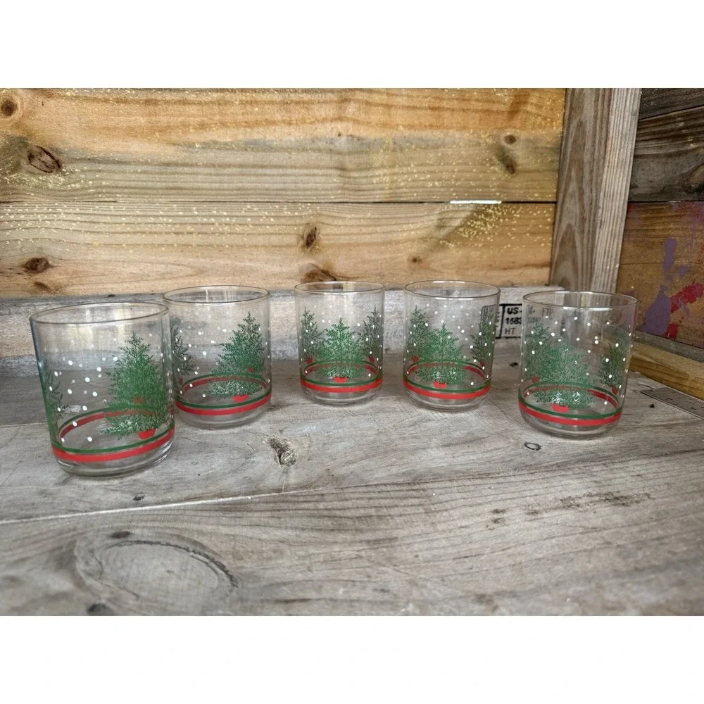 5 Vintage Libbey Christmas tree snow dots double old fashioned glass tumblers